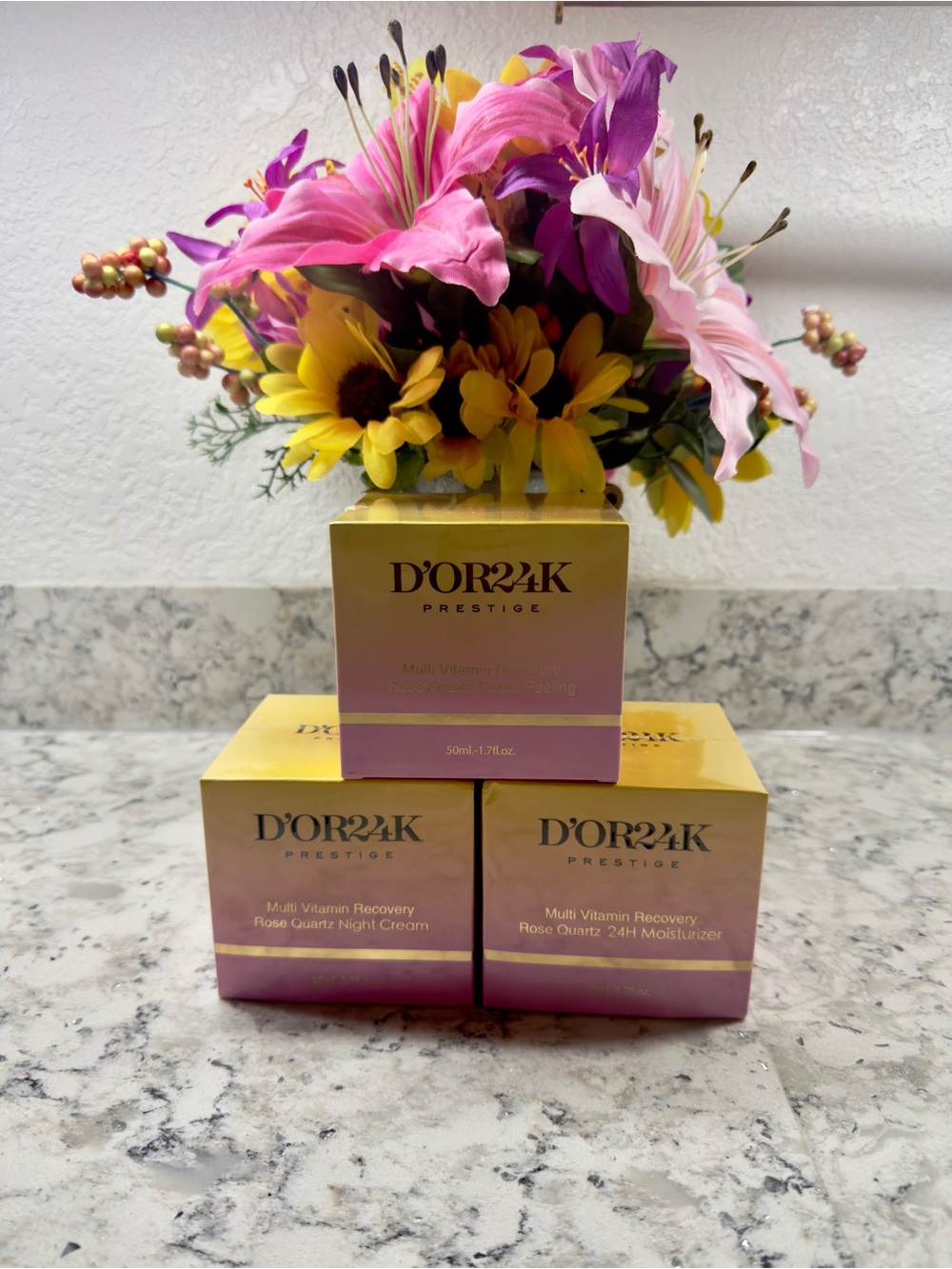 D'OR24K Prestige Rose Quartz Skincare Set, Day/Night Cream & Peeling Gel